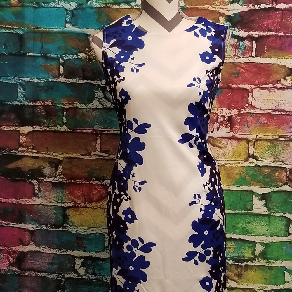 White And Blue Knee Length Dress